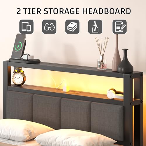 Image of E-Motie Twin Size Bed Frame with LED Lights and Charging Station, Wood Storage Headboard with 2-Tier Shelves, Heavy Duty Metal Slats, No Box Spring Need, Noise Free, Easy Assembly, Light Grey