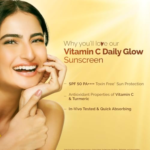 Image of Mamaearth Vitamin C Daily Glow Sunscreen with Vitamin C & Turmeric for Toxin free Sun Protection - 125g | SPF 50 & PA++++ | Vitamin C for Glow | Turmeric Detans | In-Vivo Tested | Natural Goodness | Quick Absorbing