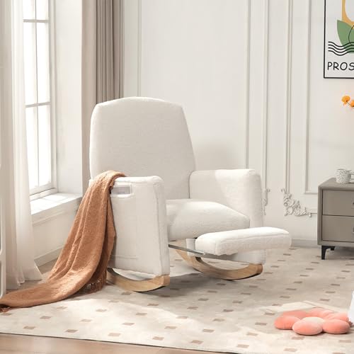Fauteuil à Bascule avec Repose-Pieds, Chaise à Bascule avec Accoudoirs et Poches Latérales, Rocking Chair avec Pieds en Bois Massif, Charge maximale : 110 kg, Convient au Bureau, Lire, Blanc – Image 3