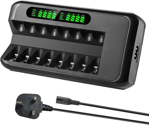 ENEGON Battery Charger Fast Charging 1 to 8 AA/AAA Ni-MH Ni-CD Batteries 1.2V Output 1000mA Current Rating 5 Hour Charge Time Intelligent LCD Display Safe Charging Universal 100-240V AC Adapter