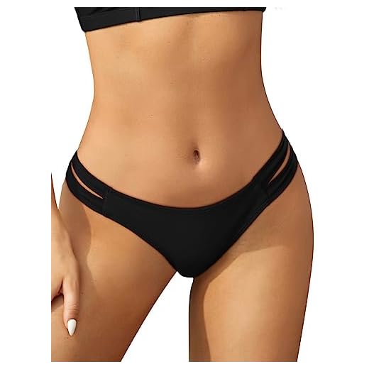 SHEKINI Damen Niedrige Taille Bikini Bottom Bademode Tanga Bikinihose Chic Aushöhlen Brazilian Bikini Slip (L,Schwarz)