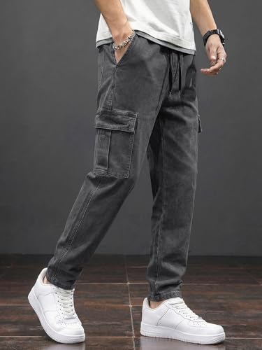 Image of JMIERR Men's Elastic Waist Cargo Jeans Stretch Denim Pants with Drawstring Relaxed Fit for Casual Daily Wear