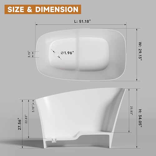 Image of 51 '' Stone Resin Janpanese Soaking Tub, Freestanding Deep Soaking Bathtub with Seat Desgin,Toe-tap Chrome Right Drain, Slotted Overflow Matte White
