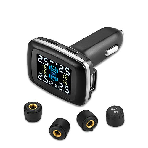 TPMS Tire Pressure Monitoring System with 4pcs External Sensors, Cigarette Lighter Plug Universal Wireless Car Alarm System LCD Display