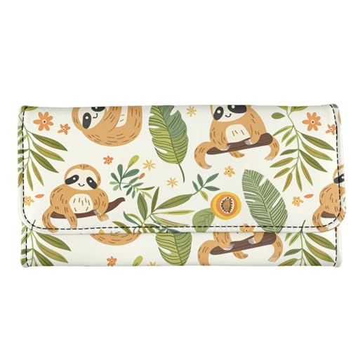 Image of AFPANQZ Womens Leather Wallets Sloth Monstera Large Capacity Card Holder Zipper Travel Purse, Phone Holder Coin Zip Pocket Multi Cards