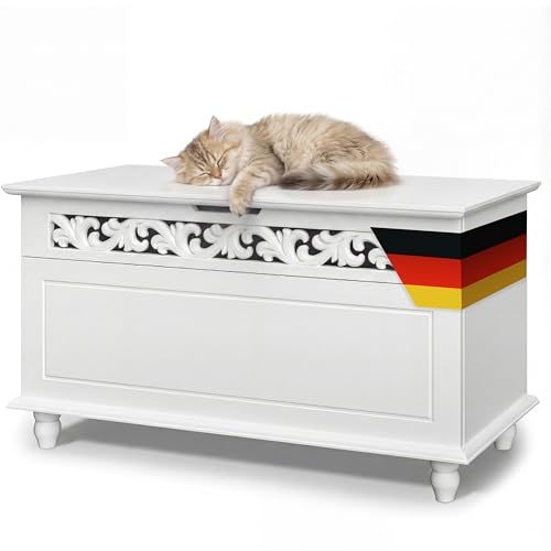 Deuba CASARIA® Coffre de Rangement Blanc avec Couvercle, Banc en Bois, Style Classique Chic, Malle Vintage avec Motifs Décoratifs - Idéal Salon, Entrée,...