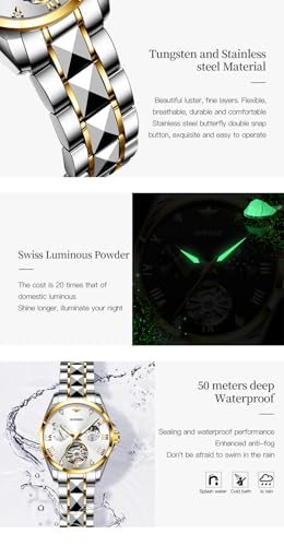 Image of OLEVS Womens Automatic Watch Gold Luxury Diamond Self Winding Ladies Wrist Watches Waterproof Luminous Date