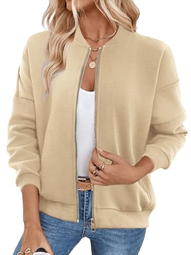 GEMLON Sweatshirt für Damen, durchgehender Reißverschluss, lässiger Mantel, langärmelig, lockere Passform, Fleecejacke mit Taschen, aprikose, X-Small