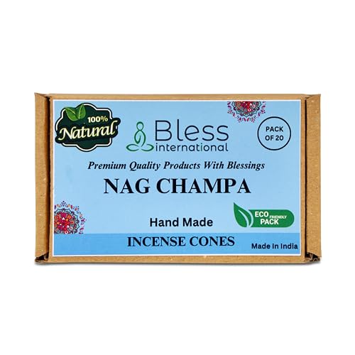 Bless-International Nag Champa 100%-Natural-Incense-Cones Handmade-Hand-Dipped Organic-Chemicals-Free for-Purification-Relaxation-Positivity-Yoga-Meditation The-Best-scents (20 Count)