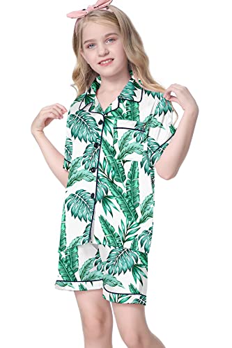 Image of Umeyda Women & Girls Pajamas Set, 2 Piece PJS Satin Silk Sleepwear Button-Down Top with Shorts for Mom Kids Gifts