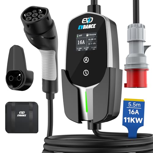 Mobile Wallbox/Ladestation 11kW [3-phasig|5.5m|6-16A] Typ 2 Ladekabel CEE 16A auf Typ 2 mit Einstellbarer Ladeleistung für Elektroauto, Silber