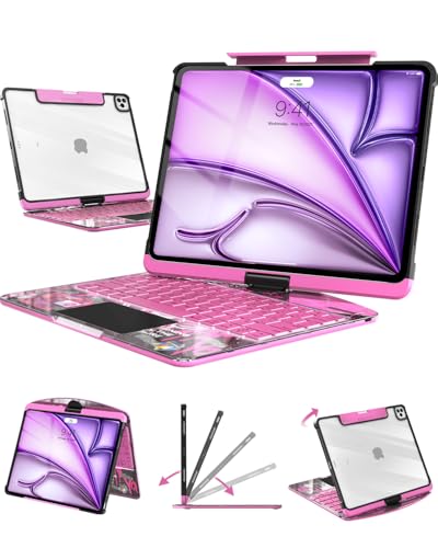Image of Clear Keyboard Case for iPad Air 13 Inch (M4 /M3 /M2, 2026 /2025 /2024) & iPad Pro 12.9 Inch (6th /5th /4th /3rd Gen), 7-Color Backlit Keyboard with Touchpad, 360 Rotating Stand, Pencil Holder, Pink