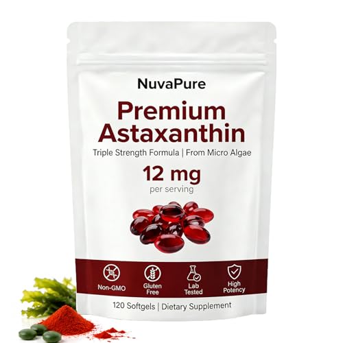 Nuvapure Astaxanthin With MCT Oil - Pure 12mg Astaxanthin Micro Ingredients Supports Antioxidant Protection for Skin Eyes Triple Strength Astaxanthins From Microalgae 120 Softgels