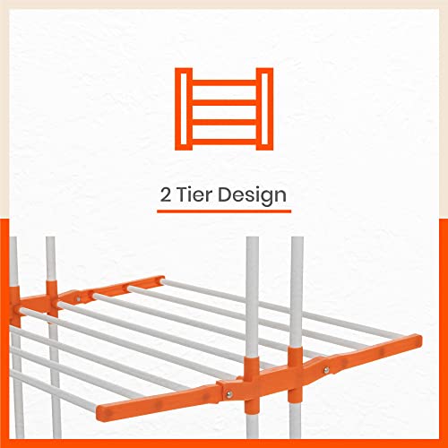 Image of Bathla 2 Level Modular Cloth Drying Stand with Wheels - Rustproof Portable Steel Laundry Rack (Orange - Medium) - Clothes Dryer for Balcony, Indoor & Outdoor Use