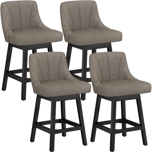 Image of YaFiti 26 inch Fabric Swivel Bar Stools Set of 4 with Back &Wood Leg,Deep Taupe | Linen Fabric, Extra Upholstered Seat, Counter Stool, Square Solid Wood Legs, with Backrest & Footrest, for Kitchen Island Bar
