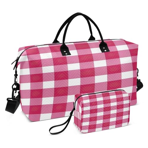 Kigai Rose Color Buffalo Plaid Travel Duffel Bags 2PCS,Sports Duffel Bags for Men Women,Weekender Overnight Bag Gym Tote Bag with Toiletry Bag