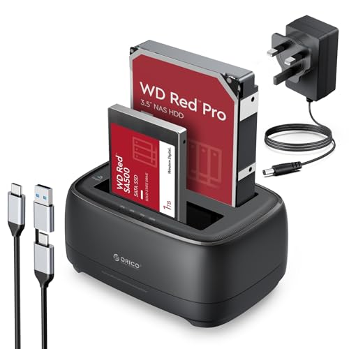 ORICO External Hard Drive Dock Duplicator/Cloner SATA to USB C for 2.5”/3.5” Seagate Samsung WD Crucial SanDisk SSD HDD, Dual Drive Bay 44TB for PS5 Xbox PC Laptop Devices with Power Adapter(DD28C3-C)