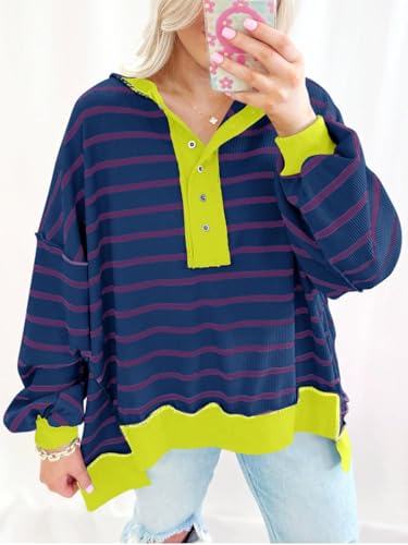 Tankaneo Womens Oversized Striped Sweatshirts Henley Shirts Color Block Casual Pullover Waffle Knit Tops Navy — view 4
