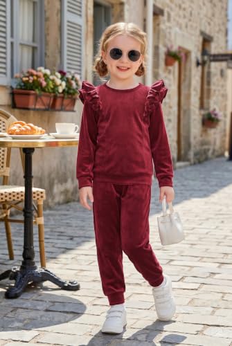 Image of Arshiner Girls 2 Piece Outfits Velour Tracksuit Ruffle Sweatshirt Sweatpant