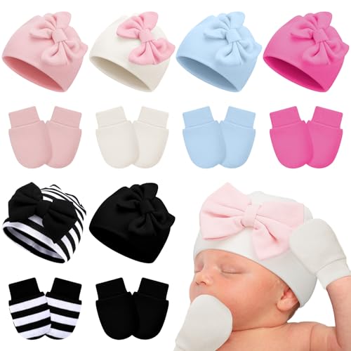 Image of Silicher 6 Pack Preemie Baby Hats Mittens Set Premature Newborn Baby Girl Cotton Bow Knot Caps for Nicu Girl Boy