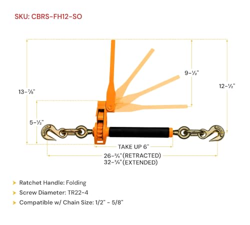 Image of Mytee Products 4 Pack 1 /2 inch - 5 /8 inch Hi-Viz Orange Quick Folding Handle Ratchet Load Binder with Grab Hook 18,100 lbs WLL | Tie Down Hauling Chain Binders for Flatbed Truck Trailer