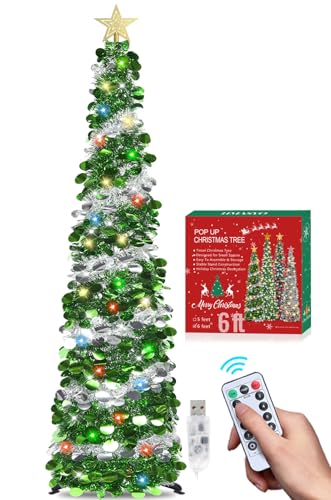HMASYO 180 cm Pop-Up Lametta Weihnachtsbaum mit 100 Timer-Lichter und...