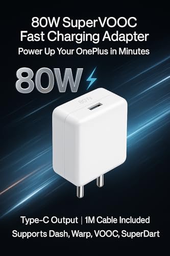 Image of 80W Type C Supervooc Charging Charger with 1M Cable Support Dash /Superdart /Wrap /Vooc for Oneplus 13s /13 / 13R /Open /12 /12R /11 /11R /10 Pro /10R /10T /9Pro /9R /8Pro /Nord 5 /Ce5- Fast Charge Adapter 80Watt-White