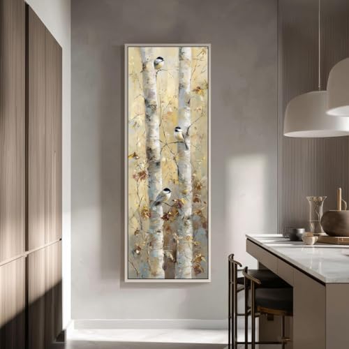 Tableau vertical sur toile mésanges bouleau faune sauvage 20x60