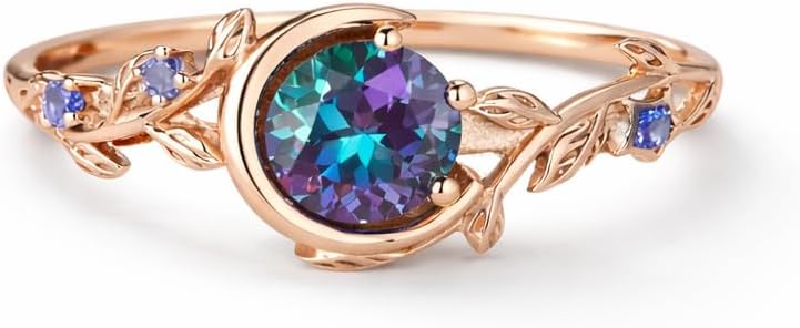 Round Alexandrite Engagement Ring 14K Rose Gold Crescent Moon Star Cluster Design June Birthstone Color Change Ring Celestial Anniversary Jewelry Gift for Women