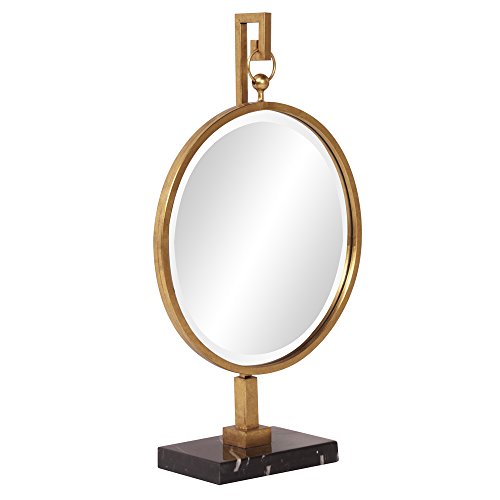 Howard Elliott Collection Medallion Round Table Top Mirror with Stand, Table Desk Vanity Makeup Mirror with Antique Gold Frame & Black Marble Base, Modern Accent Table Mirror, 30 x 18 Inches, Gold by Howard Elliott Collection - Image 2