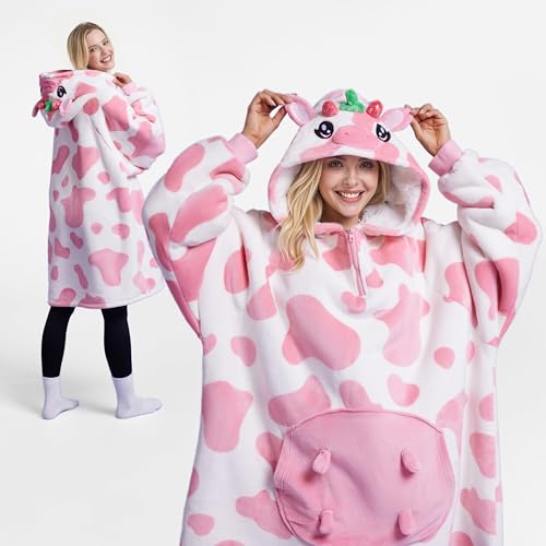 Image of Giggling Getup Wearable Blanket Hoodie for Women and Men Sherpa Fleece Hooded Blanket Sweatshirt Warm Cozy Sherpa Wearable Throw Oversized Hoodie with Giant Pocket & Sleeves for Adult Strawberry Cow