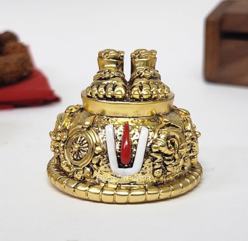 Image of Gold Art India Lord Balaji Charan Paduka 24 kt Gold Matte Finish Vishnu Charan Paduka for Pooja Room /Balaji for car Venkateswara Swamy Feet with Shanku Chakra Namam Best Gifting (Gold Plated 2 Inch)