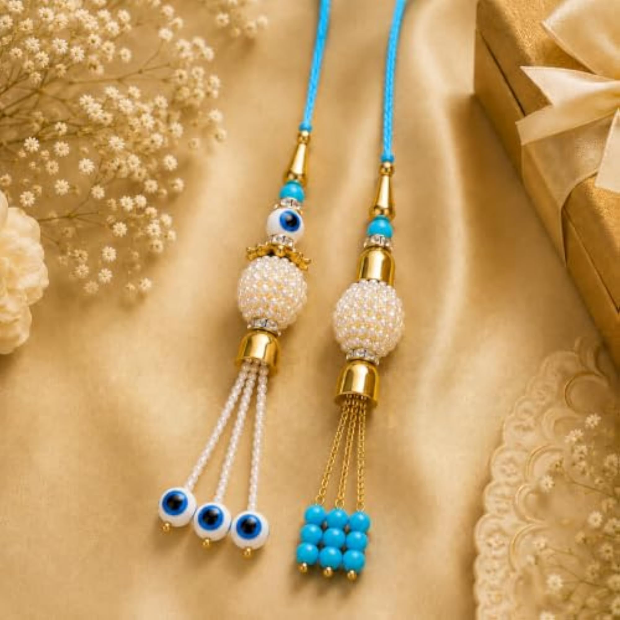 Designer Bhabhi Lumba Rakhi Set, Premium Evil Eye Pearl Combo Pack