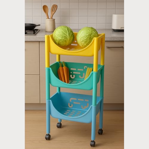 Cortina 3-Layer Multipurpose Utility Rack Fruit & Vegetable Basket Trolley with Wheels | Kitchen, Pantry, Bathroom Organizer & Toy Storage Rack for Home (Multicolour)