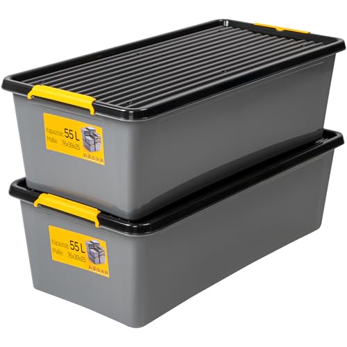 KONZEPT 2 Stück Aufbewahrungsbox mit Deckel und Rollen 55 L – inkl. beschriftbaren Etiketten, aus hochwertigem Kunststoff, stapelbar und stabilen...