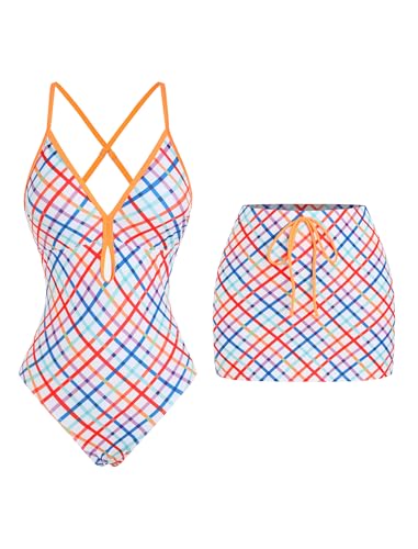 Image of ZAFUL Women's One Piece Swimsuit with Skirt V Neck Colorblock Bathing Suit | Front Cut Out Swimsuit Criss Cross One Piece Bathing Suit