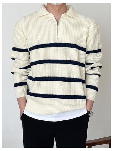 Verdusa Men's Old Money Striped Quarter Zip Pullover Drop Shoulder Collared Knit Sweater3