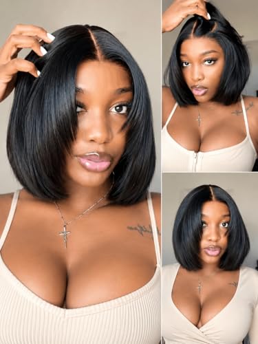 Nadula Yaki Straight Bob Drawstring Wig Human Hair with Face Framing Layers 180% Density Glueless 7x5 Bye Bye Knots Wig Pre Cut/Plucked/Bleached Knots Ready to Go Short Layered Yaki Bob Wig 10inch