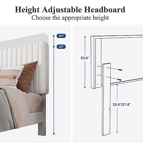 Image of Allewie Queen Bed Frame, Velvet Upholstered Platform Bed with Adjustable Vertical Channel Tufted Headboard, Mattress Foundation with Strong Wooden Slats, Box Spring Optional, Easy Assembly, Off-White