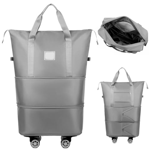 Foldable Duffle Bag with Wheels and Handle, Expandable Foldable Luggage Bag, Dry and Wet Separation Rolling Bag, Zipper Rolling Bag for Gym,Camping,Travel, Beige2