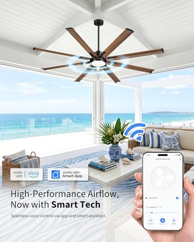 Image of 72 Inch Ceiling Fan with Light, Industrial Design with 8 Aluminum Blades, Smart Control Compatible with Alexa, Indoor Outdoor Garage Fan for Living Room Patio, Model ZCCF04WD-72