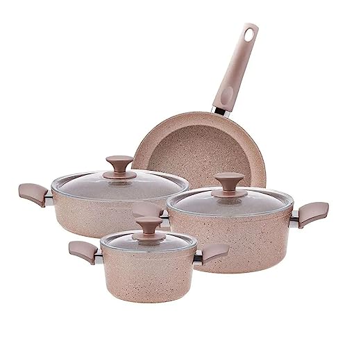 Karaca BioGranite 4 Pieces Granite Cookware Pot and Pan Set, Non-Stick Coating, Natural Granite Copper Pots Pans and Glass Lids, 3 Pots with 3 Glass Lids and 1 Frying Pan, Induction Cookware