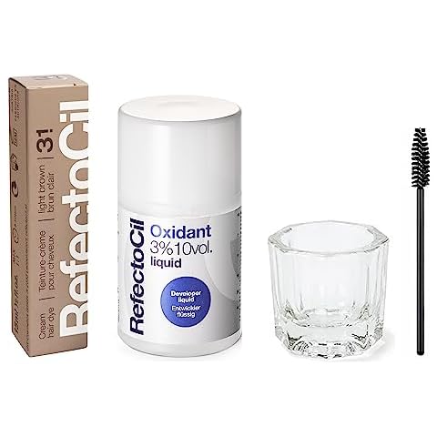 RefectoCil Light Brown (#3.1) Hair Tinting Kit Includes Cream Hair Dye + Liquid Oxidant 3% + Mixing Brush & Mixing Dish Cover