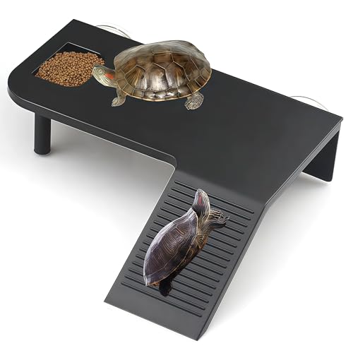Ovimyne Turtle Basking Platform with Feeding Area,Turtle Basking Platform Large-with Two Strong Vacuum Suction Cups and Support Base,Suitable for Deep-Water and Semi-Aquatic Turtles (Black, Medium)