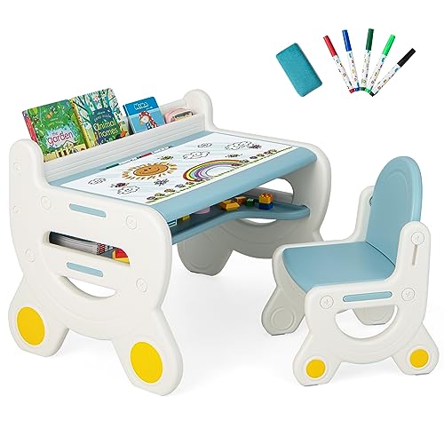 GYMAX Kids Table and Chair Set, Plastic Children Activity Table with Watercolor Pens, Blackboard...