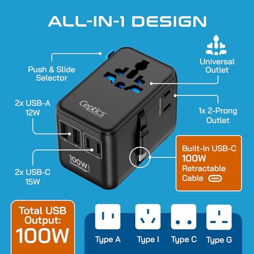 Image of Ceptics GAN 100W Universal Travel Adapter with Retractable USB-C Cable, 2X USB-A & C, Universal Input and 1x USA /JP Input, 7 in 1 Universal Adapter for Worldwide Travel - Type A, C, G, I Output