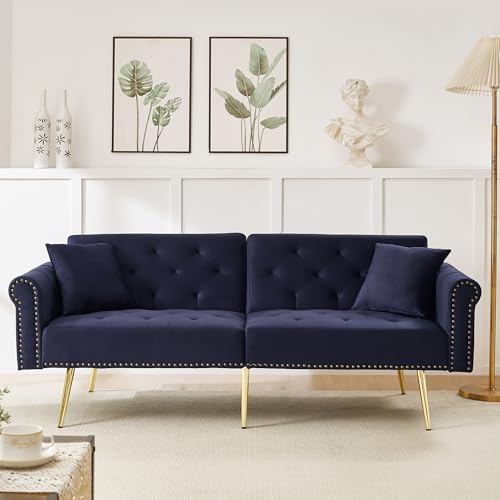 Sofá cama de 2 plazas moderno, respaldo ajustable en 3 posiciones, sofá doble plegable, patas de metal, sofá cama multifunción 2 en 1 con 2 cojines, terciopelo, apto para salón, azul antiguo