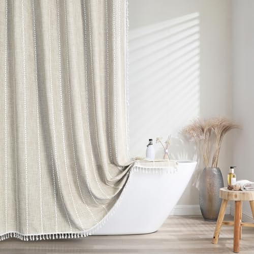 meioro Beige Shower Curtain, Mould Proof Mildew Resistant Waterproof Washable Polyeater Bathroom Curtains, 183x244cm Long Wet Room Curtains With 12 Hooks, Heavy Duty Curtain For Bathtubs Shower Stall