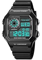 PASOY Mens Womens Sports Watch Rubber Watchband Multi-Function Alarm Stopwatch Countdown Backlight Swim Digital Waterproof Outdoor Black Watch