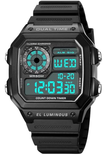 PASOY Mens Digital Multi-Function 2 Time Rubber Alarm Stopwatch Countdown Backlight Swim Waterproof Watch (Black)
